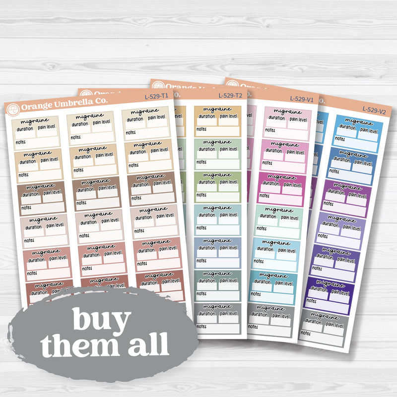Migraine tracker half box stickers for planners, wellness and health tracking, removable white matte.