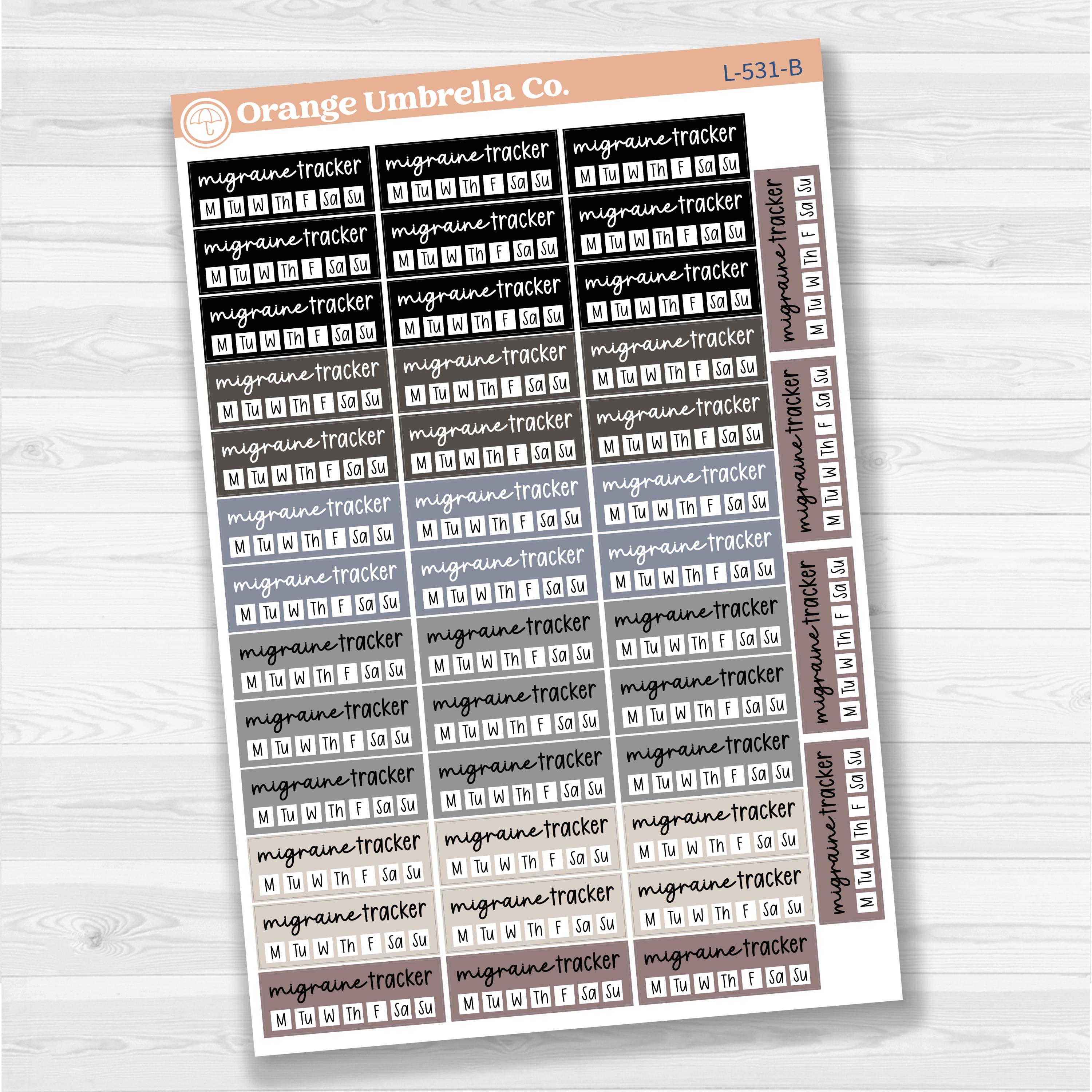 Migraine tracker quarter box stickers in F17 font for planners, health and wellness tracking, removable white matte.
