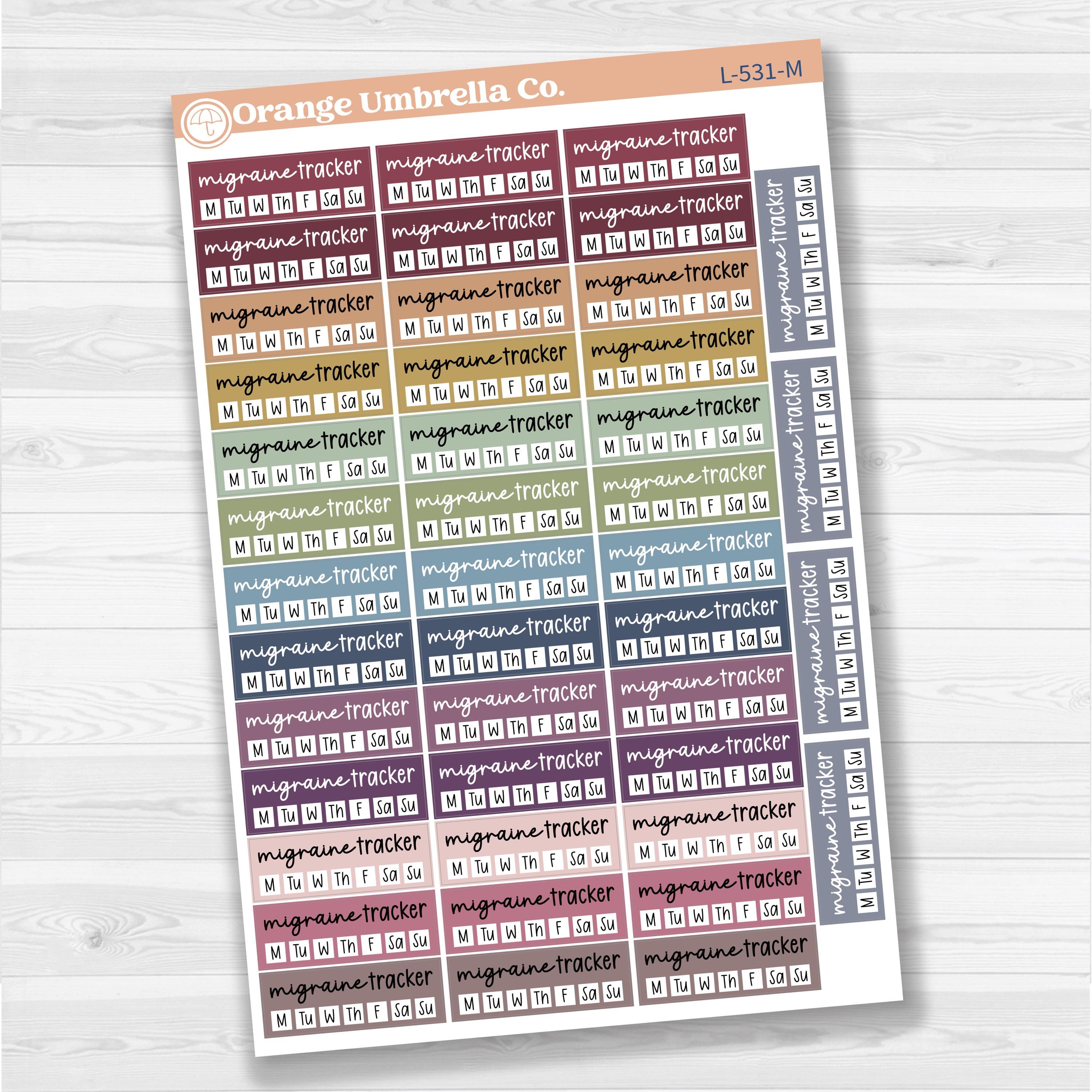 Migraine tracker quarter box stickers in F17 font for planners, health and wellness tracking, removable white matte.