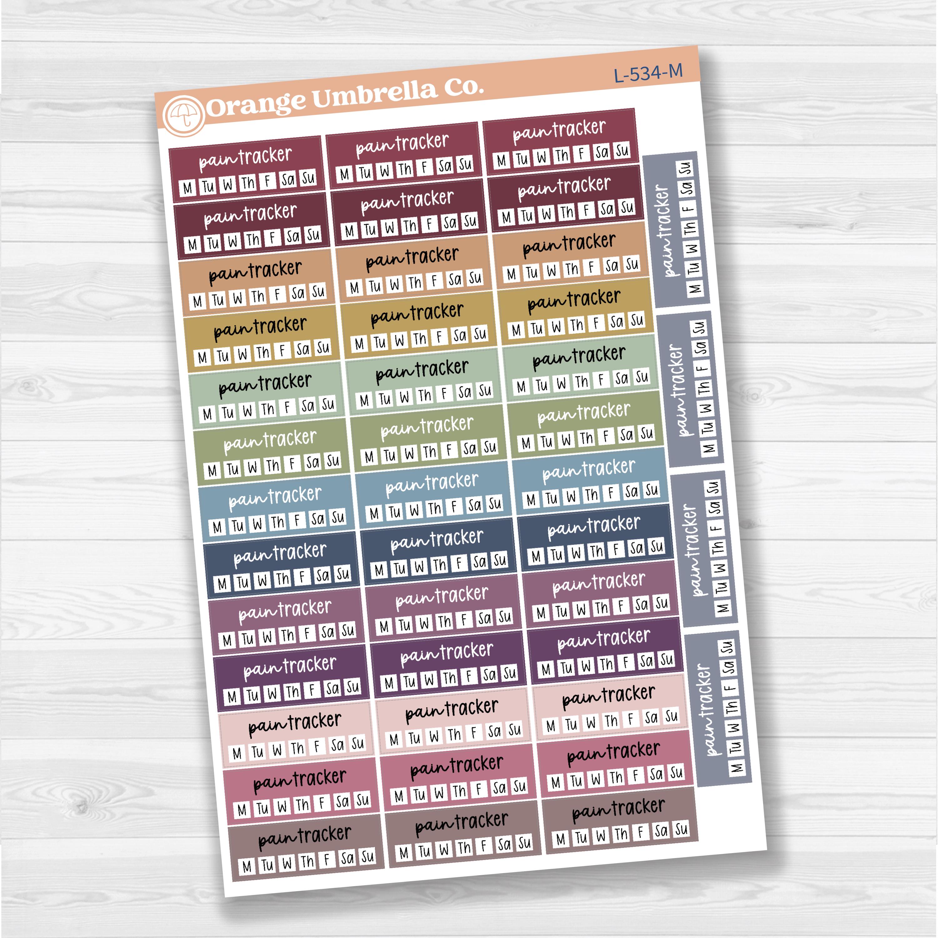 Removable white matte pain tracker sticker sheet with F17 font, for health and wellness tracking in planners and journals.