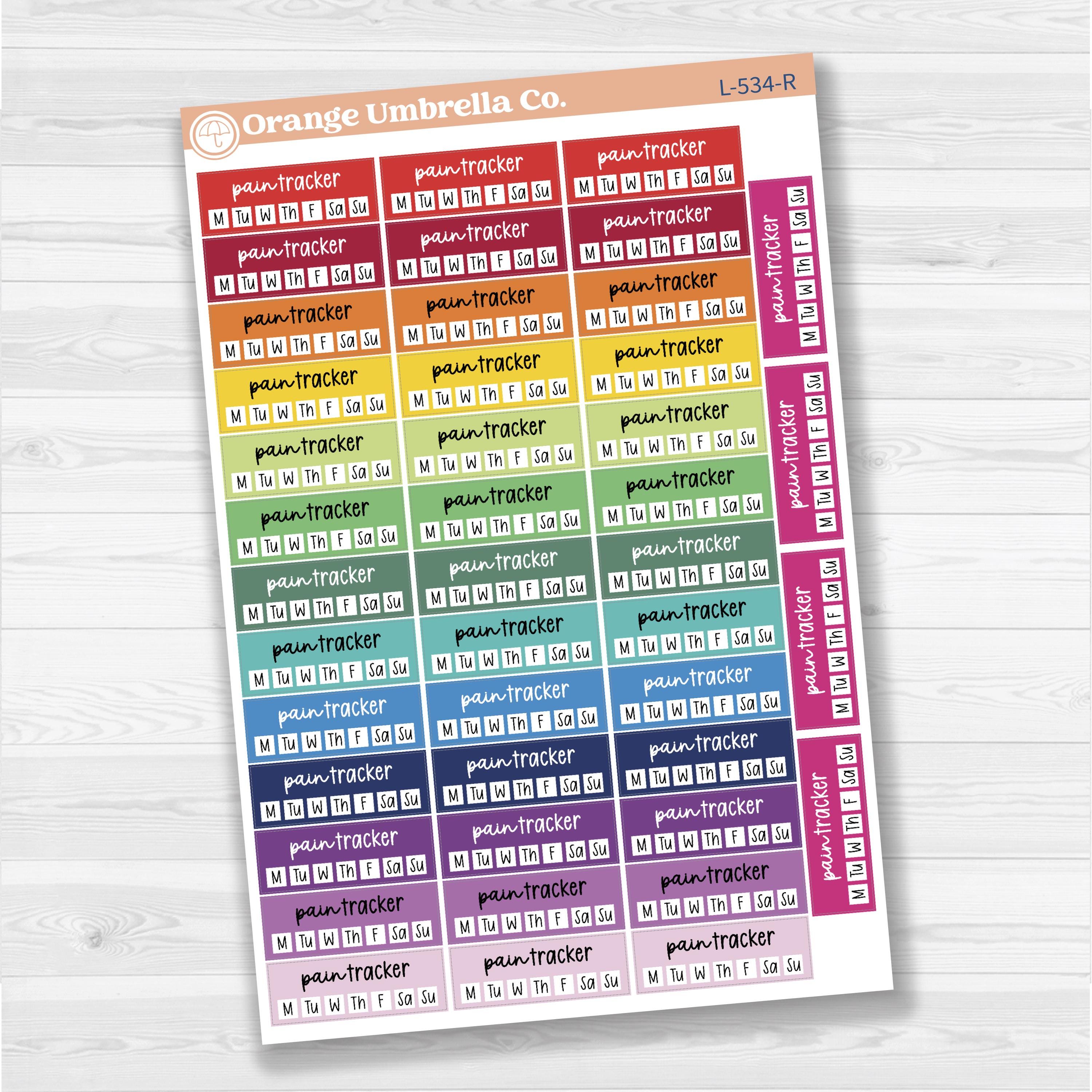 Removable white matte pain tracker sticker sheet with F17 font, for health and wellness tracking in planners and journals.