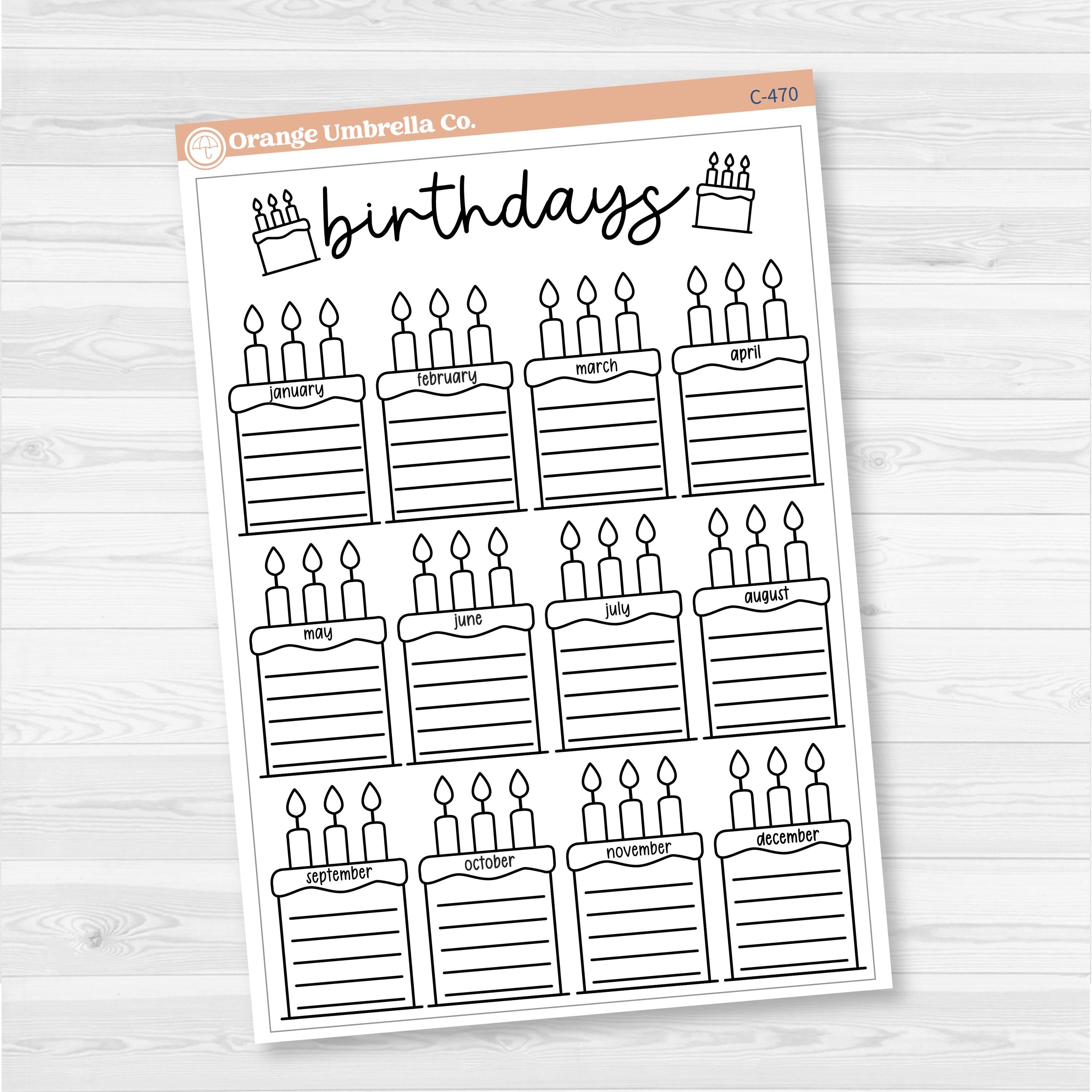 Birthday tracker full page dashboard sticker with cake illustrations for each month, available in A5 and 7x9 planner sizes, removable white matte.