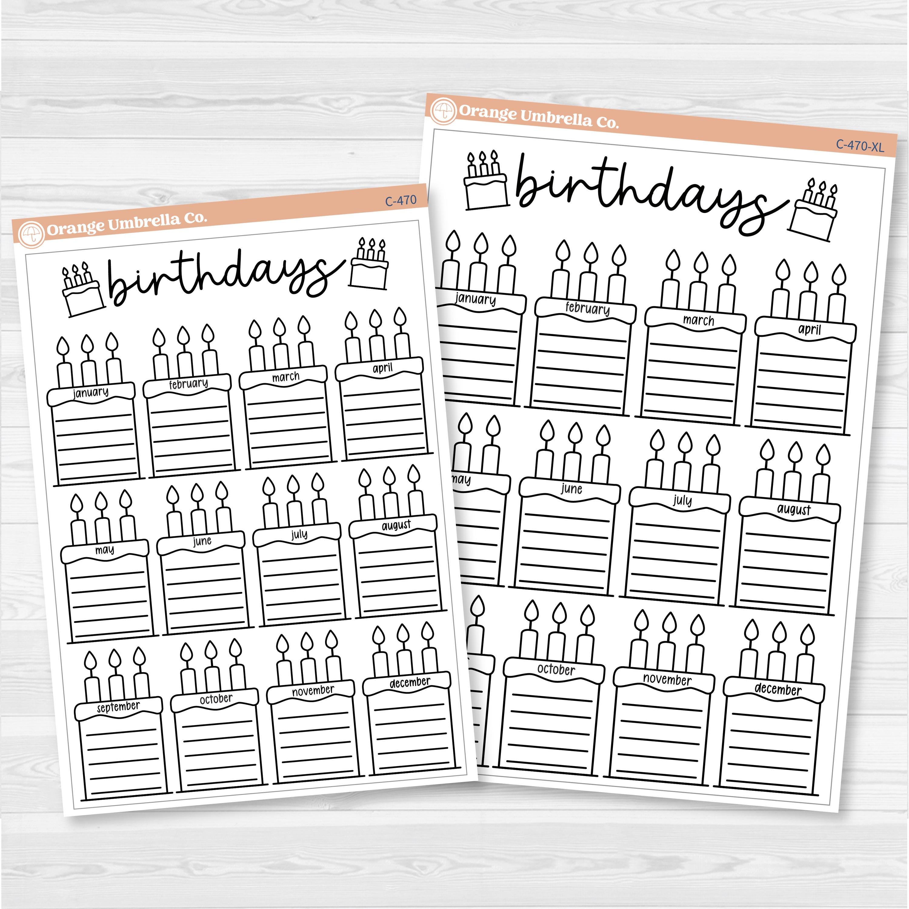 Birthday tracker full page dashboard sticker with cake illustrations for each month, available in A5 and 7x9 planner sizes, removable white matte.