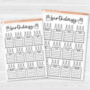 Birthday tracker full page dashboard sticker with cake illustrations for each month, available in A5 and 7x9 planner sizes, removable white matte.