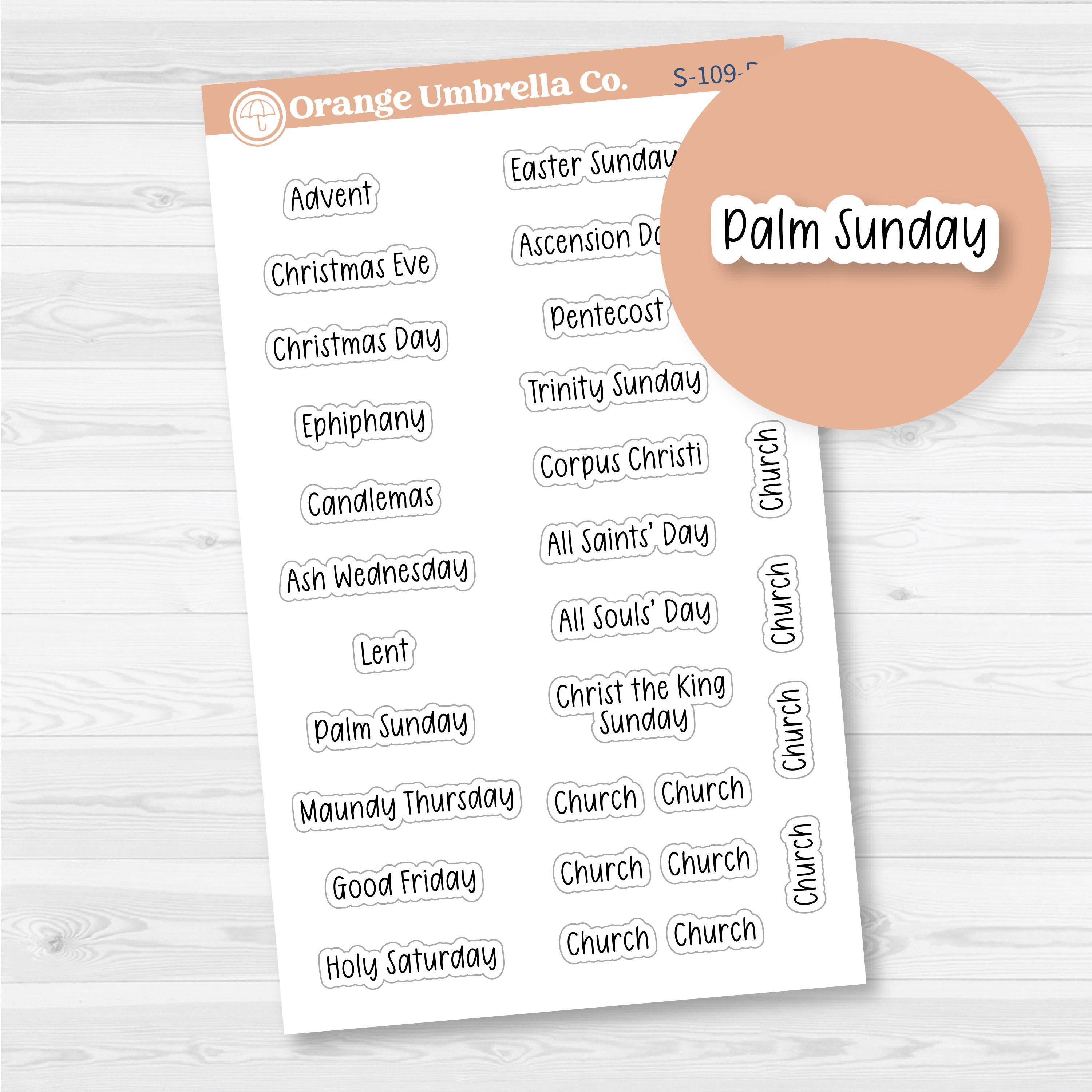 Christian holiday script stickers in white removable matte, 30 faith-based labels in F17 font for planners and journals.