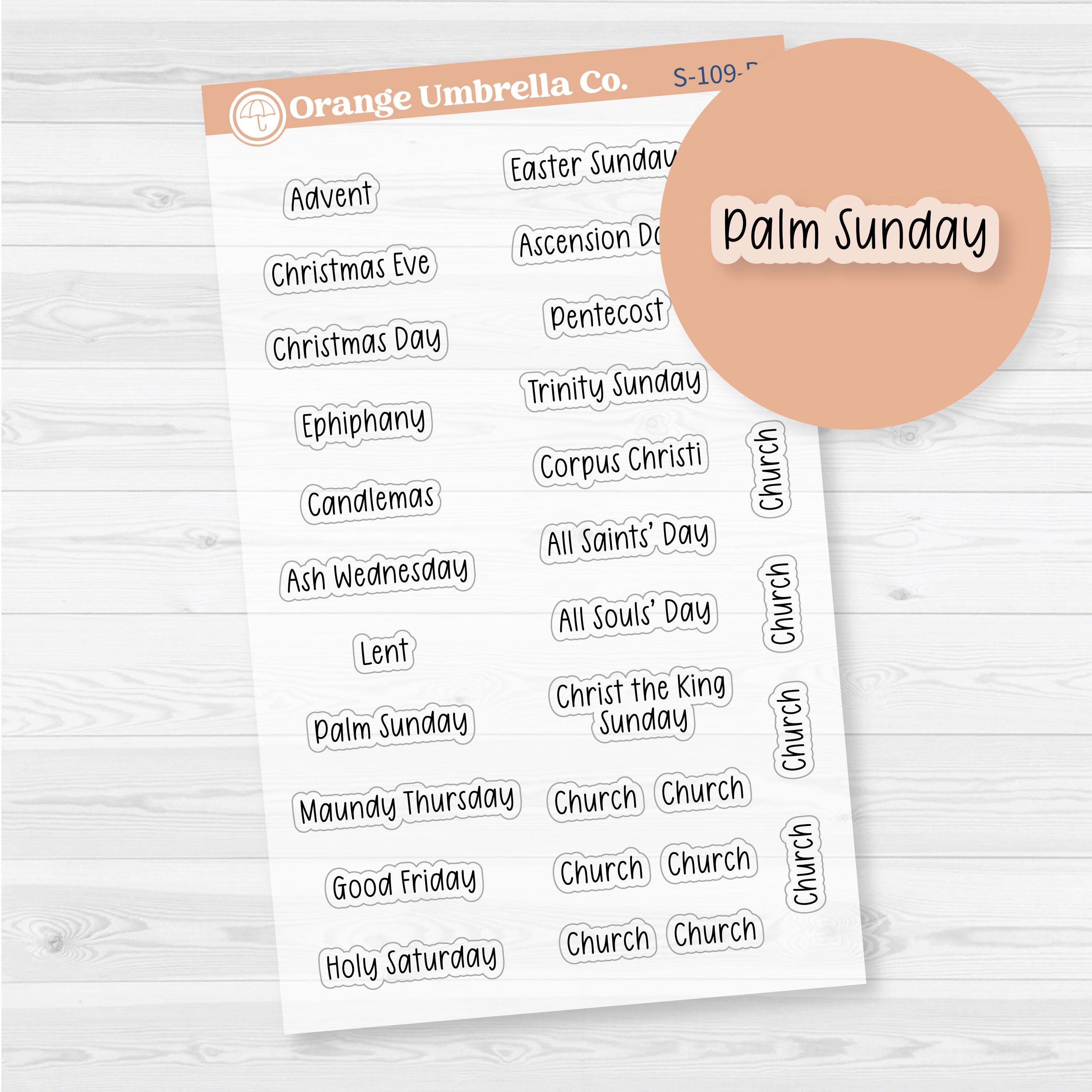 Christian holiday script stickers in clear matte, 30 faith-based F17 font labels for planners and journals.