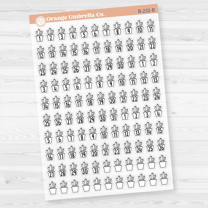 Clear matte plant date dot sticker sheet with 110 F17 font numbers, designed for monthly planner and calendar spreads.