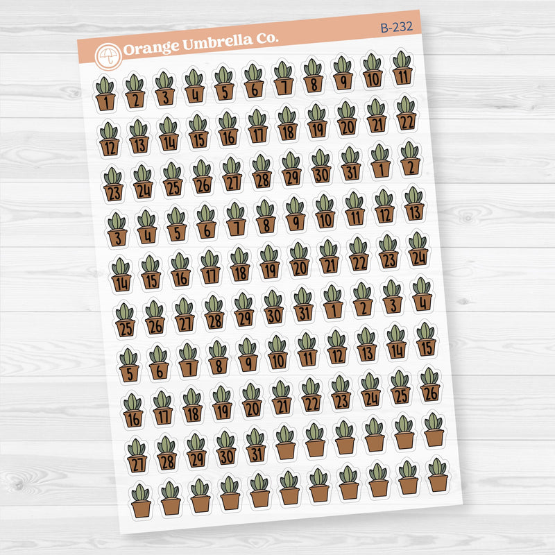 Clear matte plant date dot sticker sheet with 110 F17 font numbers, designed for monthly planner and calendar spreads.