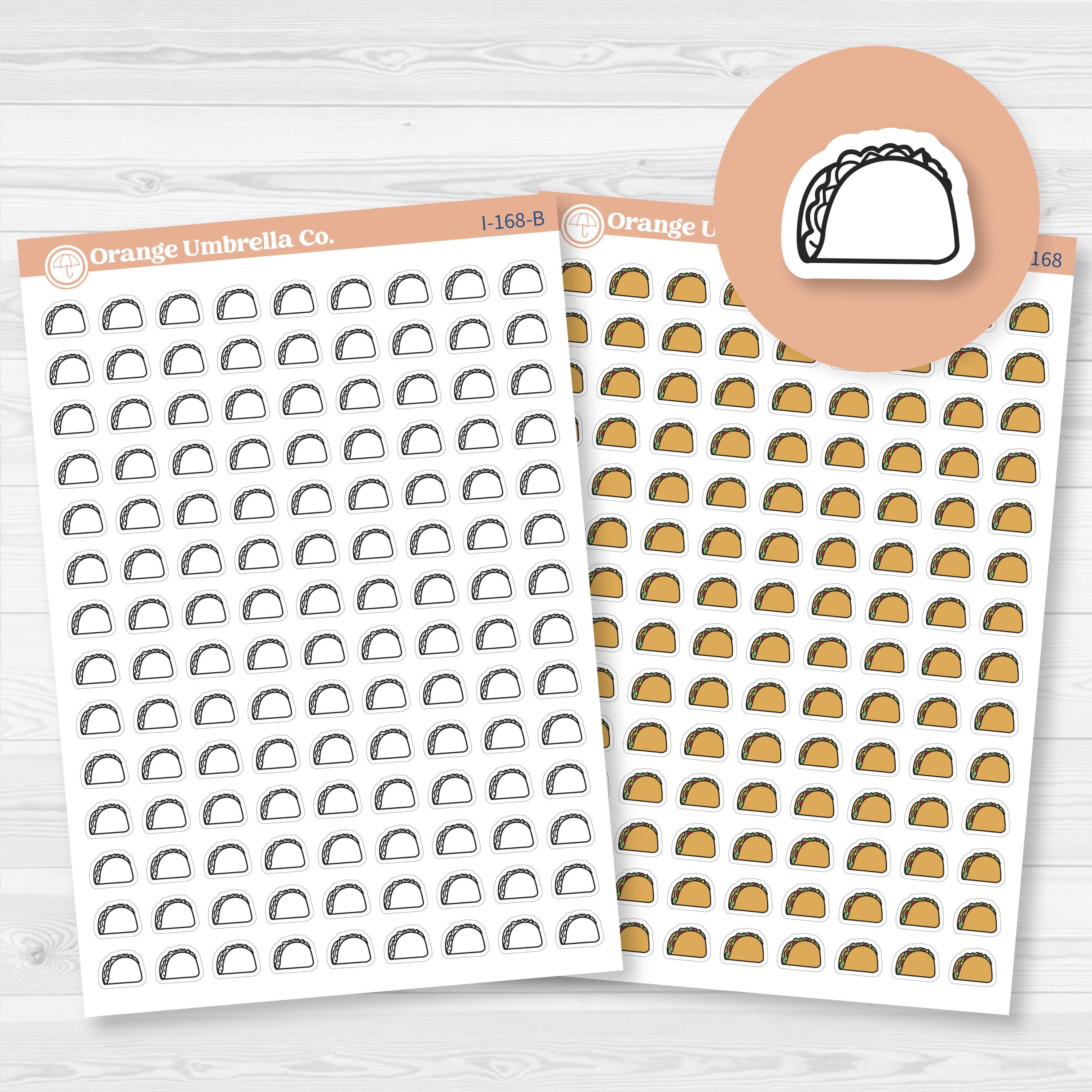 Removable white matte taco icon planner sticker sheet with 126 tiny tacos for meal planning or taco night spreads.