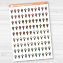 Removable white matte ice cream cone planner sticker sheet with 99 small icons for summer, birthdays, and sweet treats.