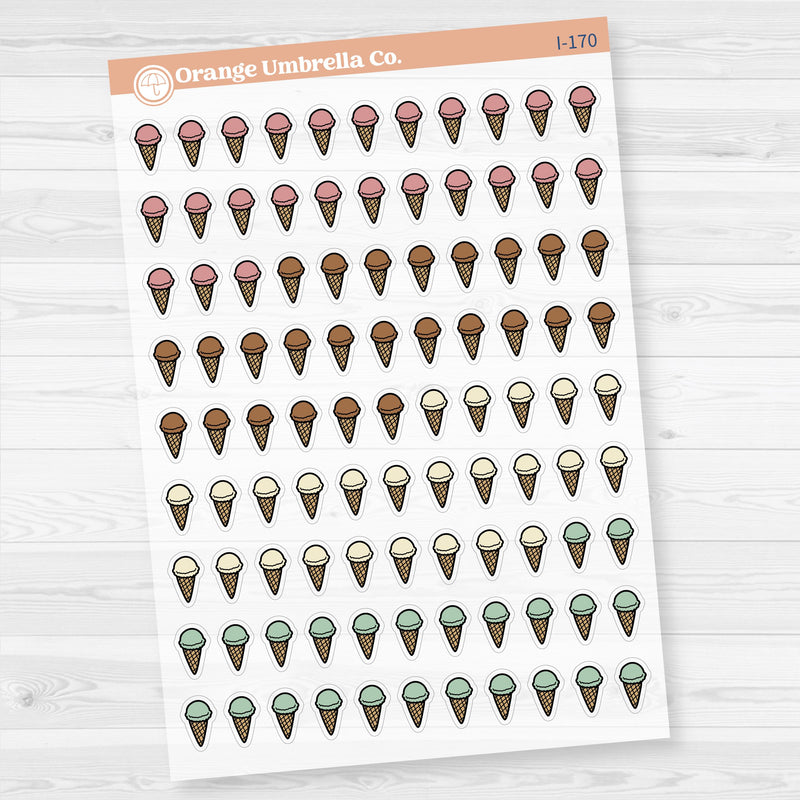 Clear matte ice cream cone planner sticker sheet with 99 small icons for summer, birthdays, and sweet treat spreads.