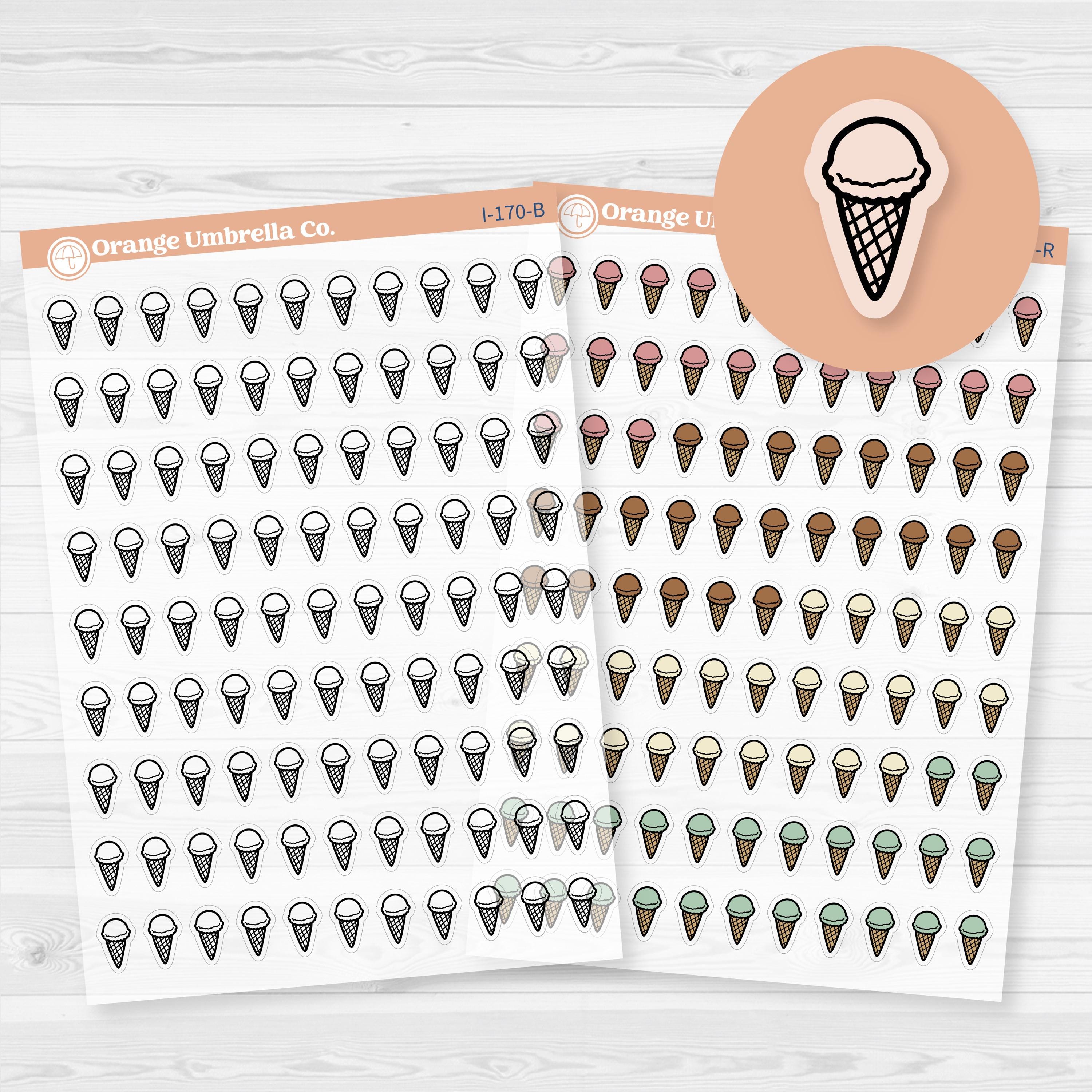 Clear matte ice cream cone planner sticker sheet with 99 small icons for summer, birthdays, and sweet treat spreads.