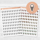 Clear matte ice cream cone planner sticker sheet with 99 small icons for summer, birthdays, and sweet treat spreads.