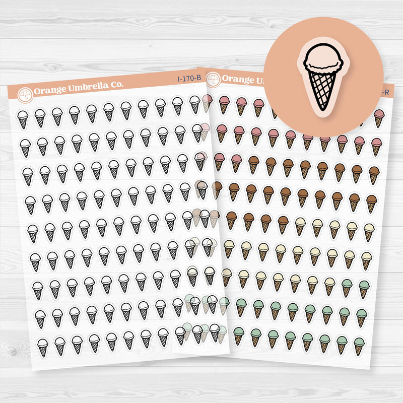 Clear matte ice cream cone planner sticker sheet with 99 small icons for summer, birthdays, and sweet treat spreads.