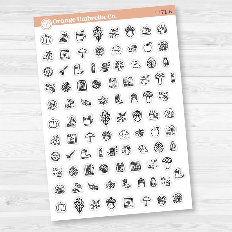 White matte fall and autumn icon sticker sheet with 92 cozy seasonal designs including pumpkins, leaves, and mugs.