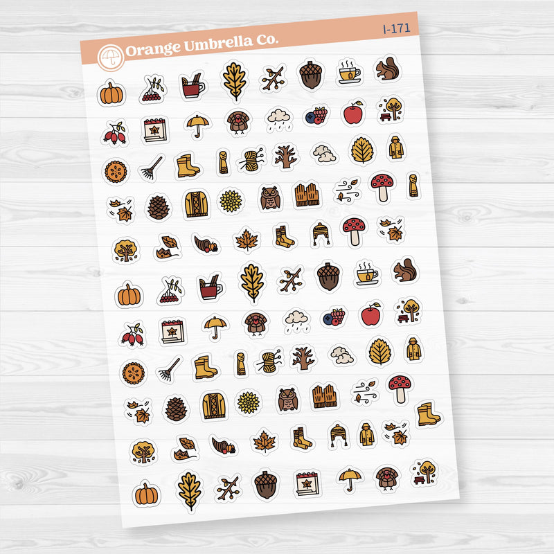 Clear matte fall and autumn icon sticker sheet with 92 cozy seasonal designs including pumpkins, leaves, and mugs.
