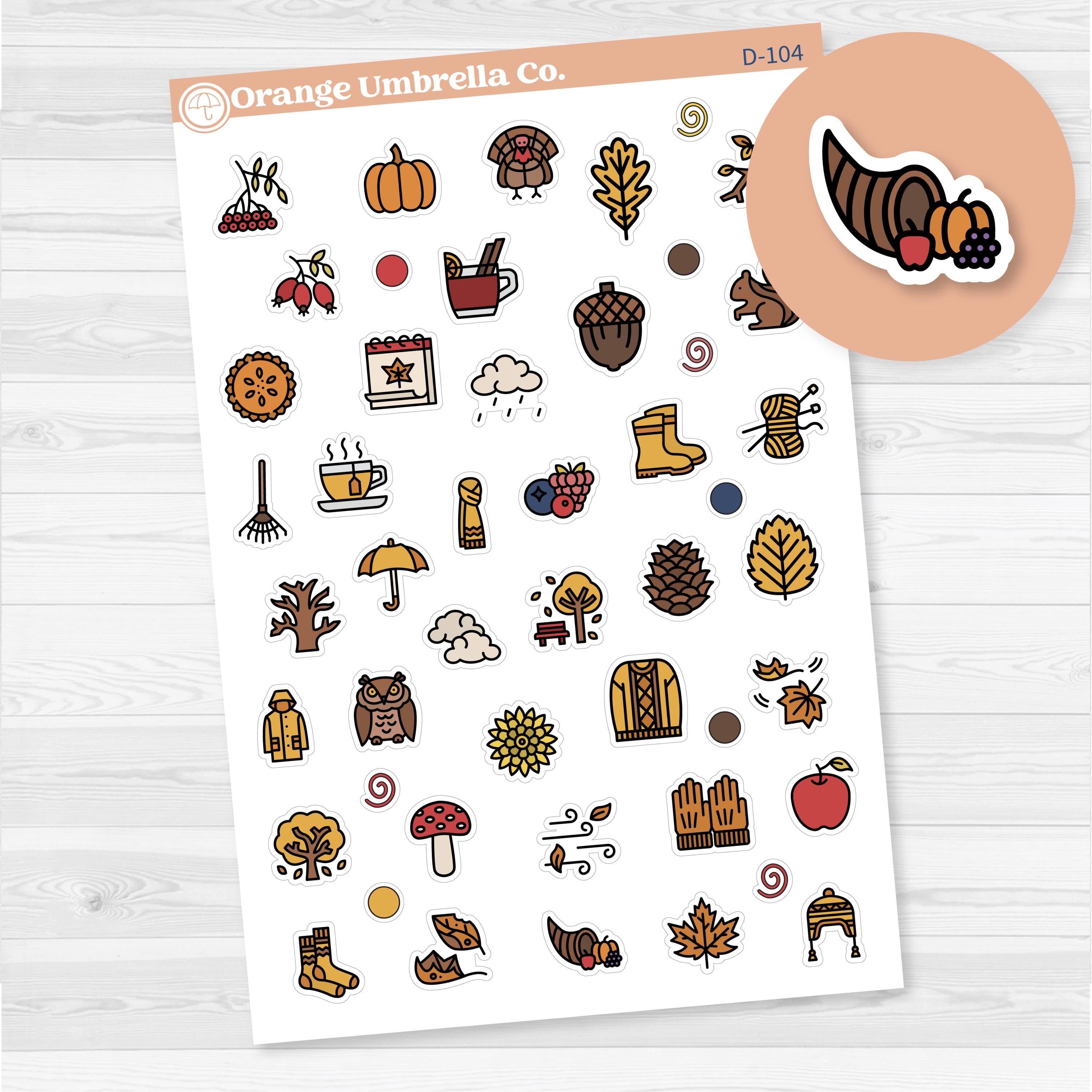 White matte fall and autumn deco sticker sheet with pumpkins, leaves, and cozy rustic designs.