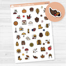 White matte fall and autumn deco sticker sheet with pumpkins, leaves, and cozy rustic designs.