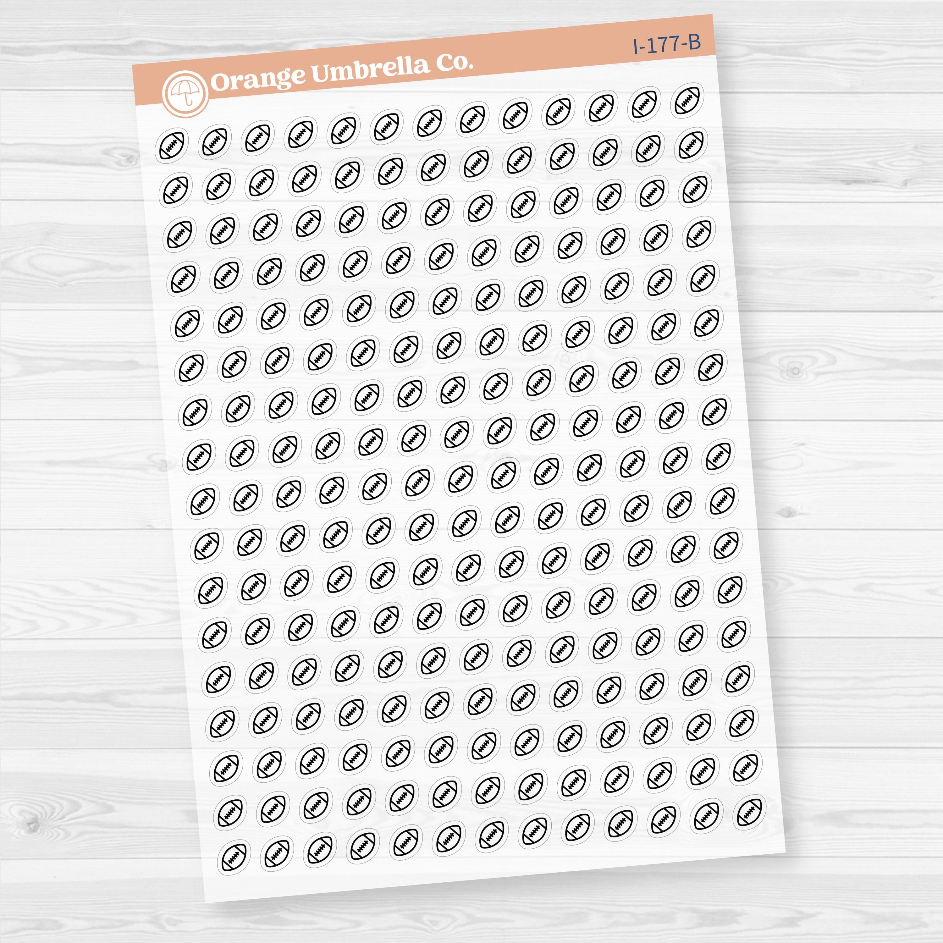 Clear matte micro football icon sticker sheet with 221 tiny sports stickers for planners and calendars.