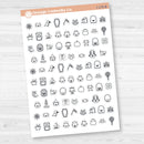 White matte Halloween icon sticker sheet with 86 spooky-themed planner icons.