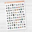 Clear matte Halloween icon sticker sheet with 86 spooky-themed transparent planner icons.