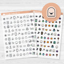 Clear matte Halloween icon sticker sheet with 86 spooky-themed transparent planner icons.