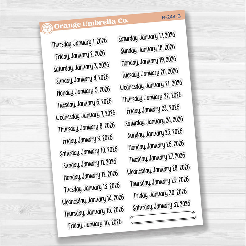 White removable matte planner sticker sheet with January–June 2026 dates in F18 font.