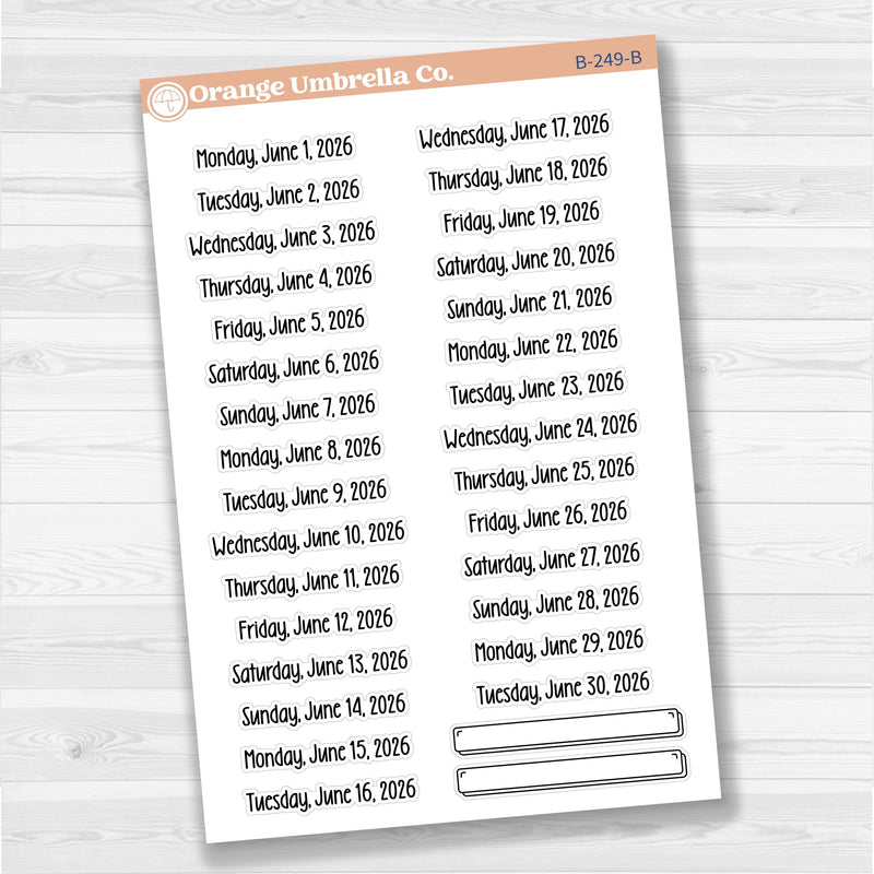 White removable matte planner sticker sheet with January–June 2026 dates in F18 font.