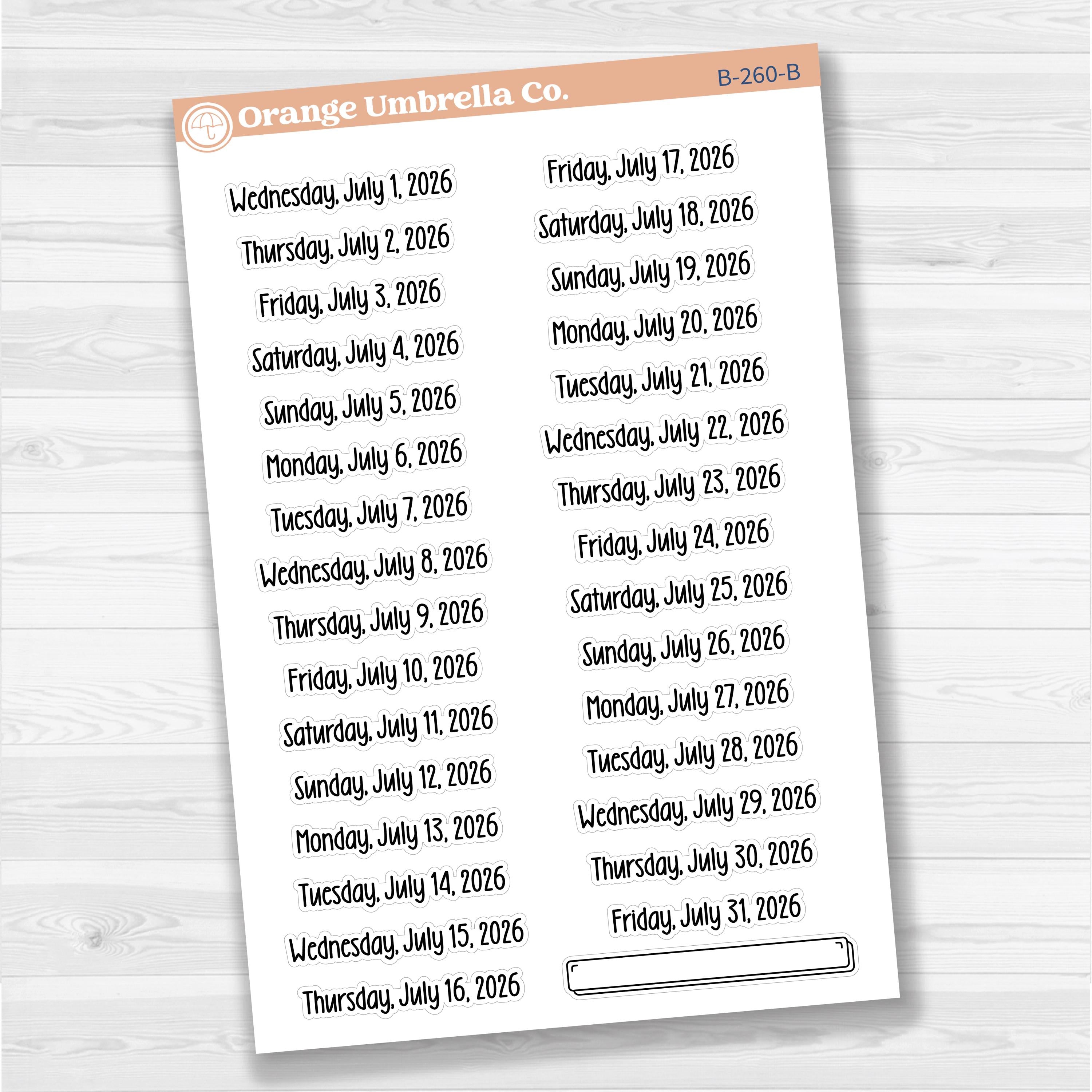 Sheet of white matte planner stickers with dates for July-December 2026 in F18 font, 31 total.