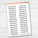 Sheet of white matte planner stickers with dates for July-December 2026 in F18 font, 31 total.