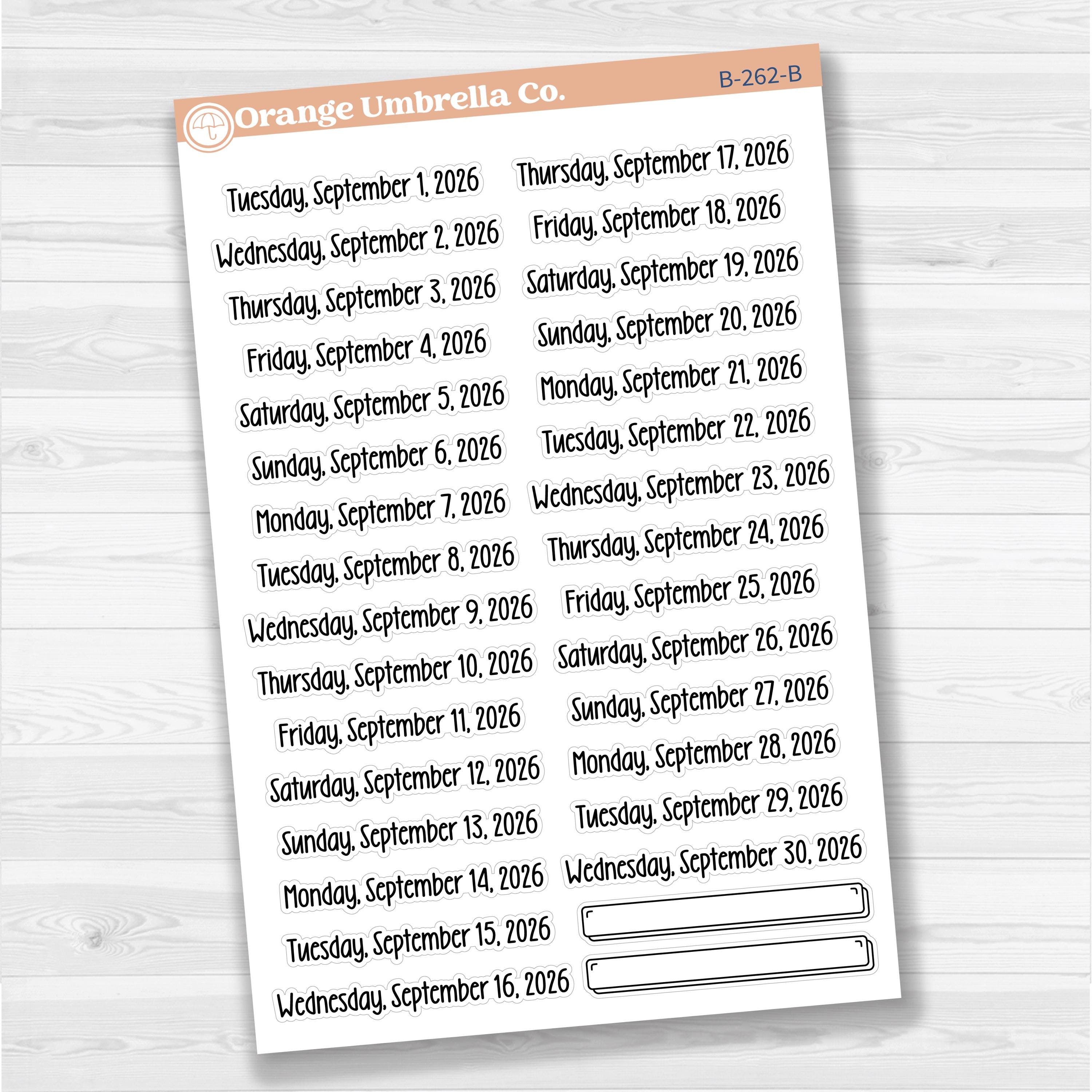 Sheet of white matte planner stickers with dates for July-December 2026 in F18 font, 31 total.