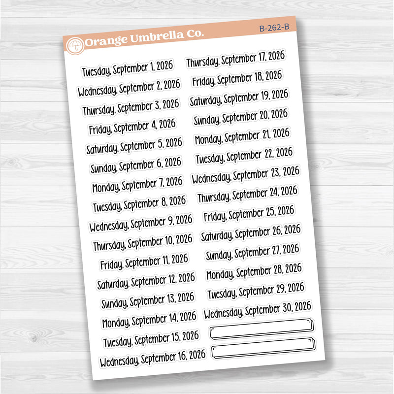 Sheet of white matte planner stickers with dates for July-December 2026 in F18 font, 31 total.