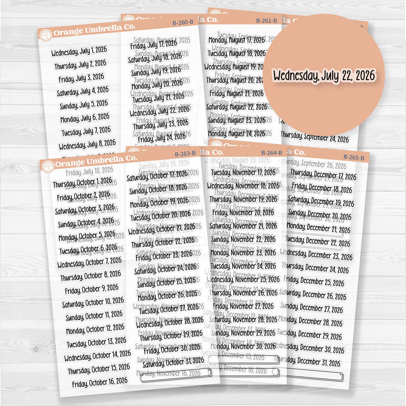 Sheet of clear matte planner stickers with dates for July-December 2026 in F18 font, 31 total.
