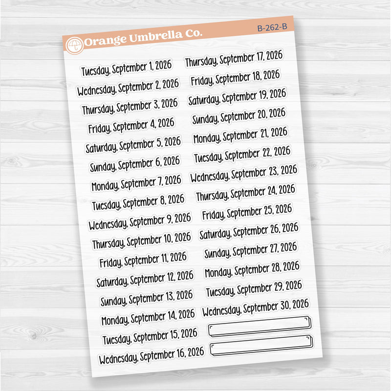 Sheet of clear matte planner stickers with dates for July-December 2026 in F18 font, 31 total.