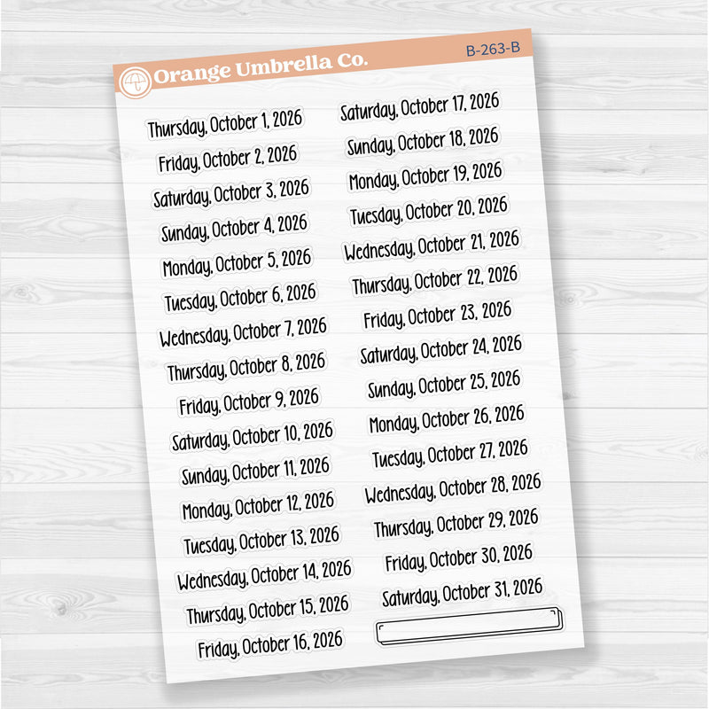 Sheet of clear matte planner stickers with dates for July-December 2026 in F18 font, 31 total.