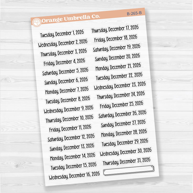 Sheet of clear matte planner stickers with dates for July-December 2026 in F18 font, 31 total.