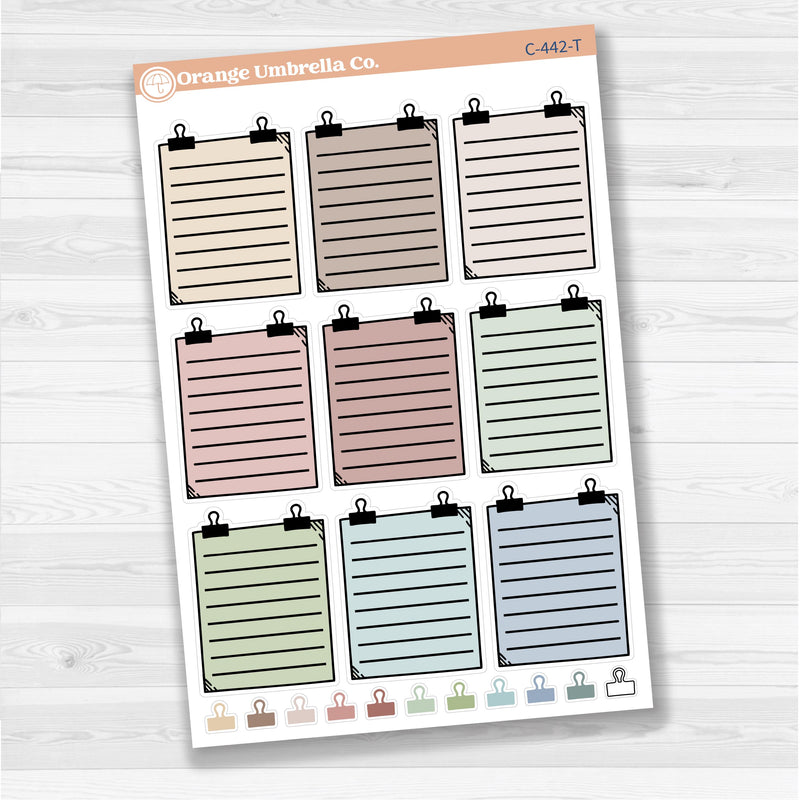 Sticker sheet with large binder clip note stickers for planners, journaling, and scrapbooking — white matte.