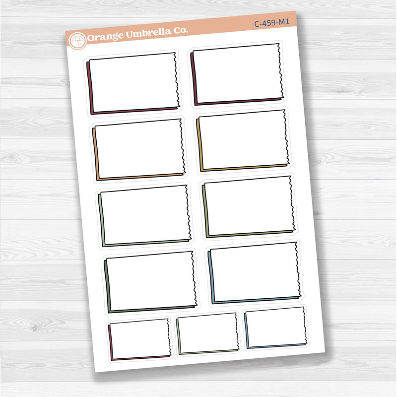 Sticker sheet with large rectangular torn edge notes for planners, Bible journaling, and scrapbooking — white matte.