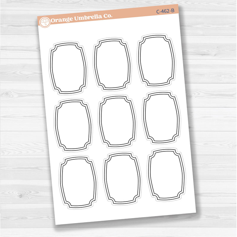 Sticker sheet with large decorative plaque-shaped note stickers for planners, scrapbooking, Bible journaling, and memory keeping — white matte.