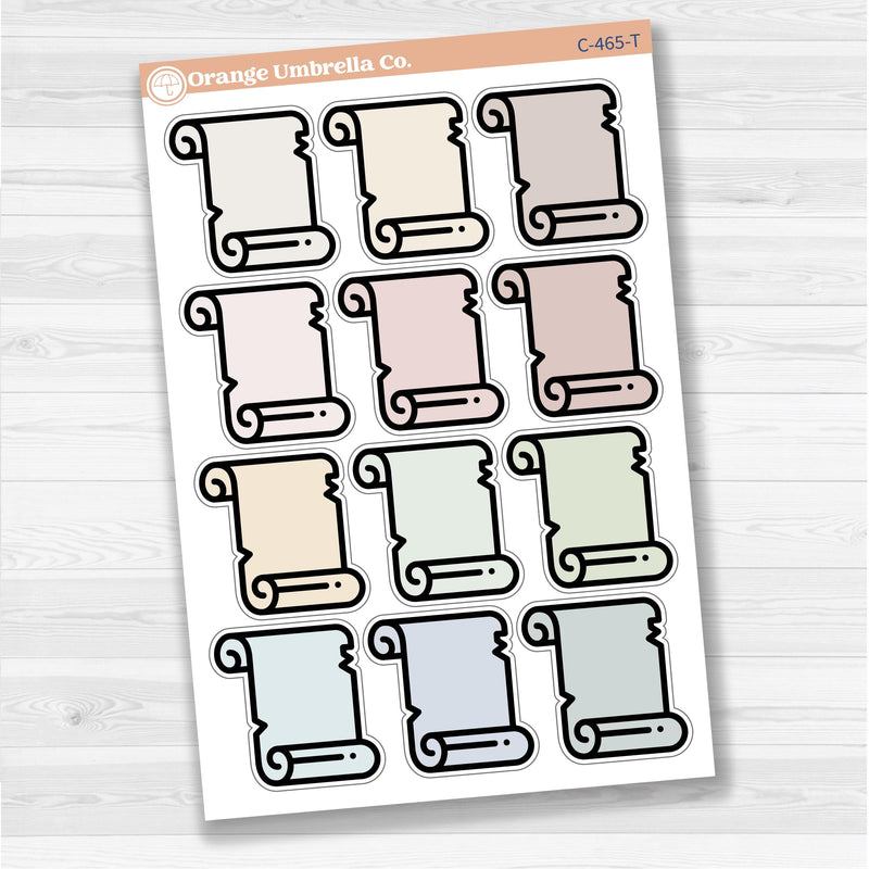 Sticker sheet with large scroll journaling notes for planners, Bible journaling, scrapbooking, and creative memory keeping — white matte.