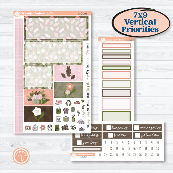 Autumn Floral Kit | Plum Vertical Priorities 7x9 Planner Kit Stickers | Pumpkin Petals | KIT-410-J