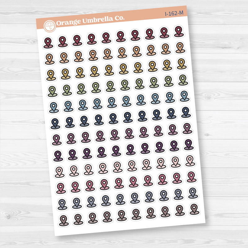 Location marker icon sticker sheet for planners, travel journals, and memory keeping — removable white matte.
