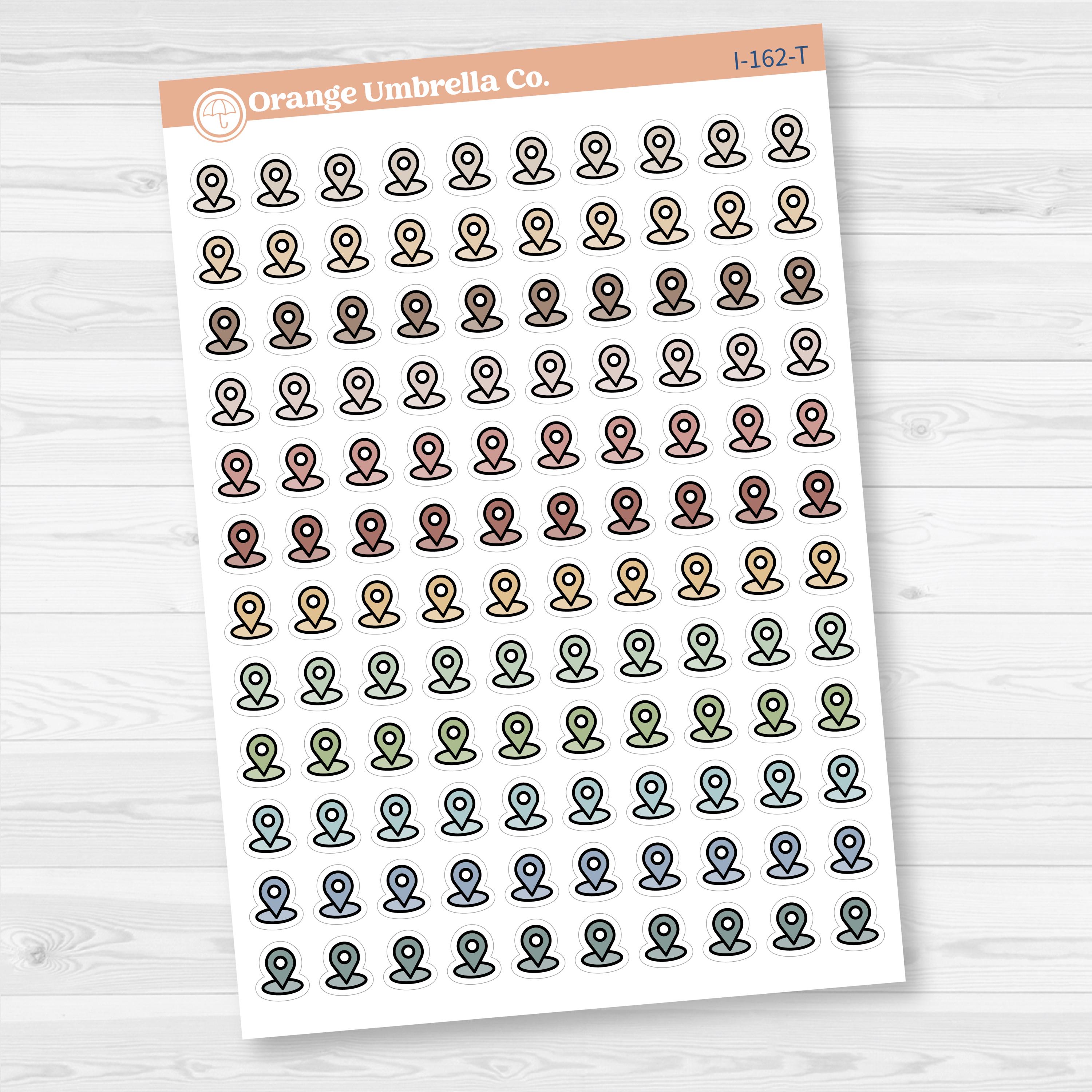 Location marker icon sticker sheet for planners, travel journals, and memory keeping — removable white matte.
