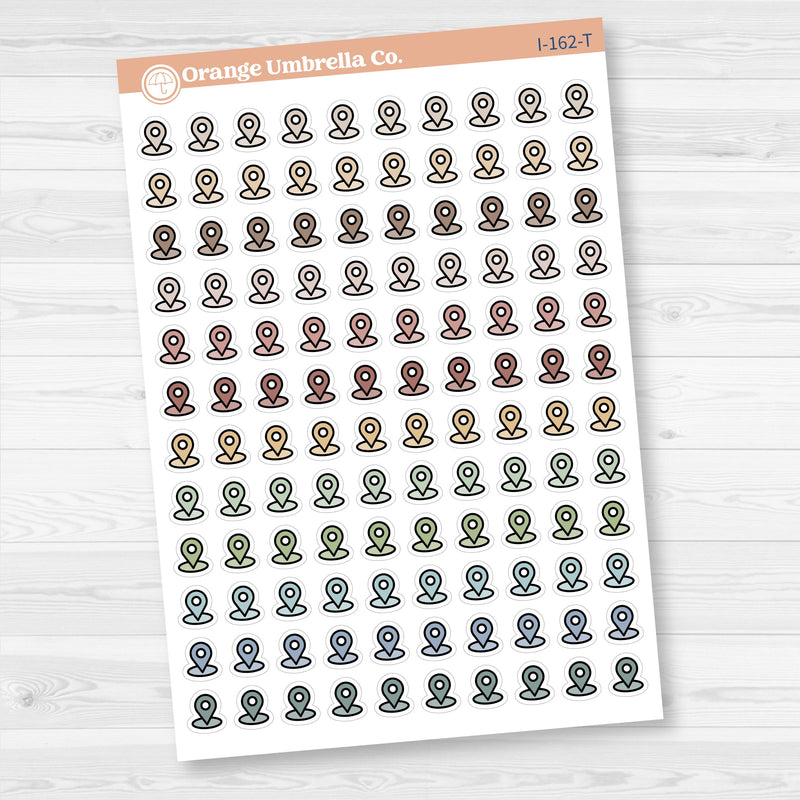 Location marker icon sticker sheet for planners, travel journals, and memory keeping — removable white matte.
