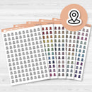 Location marker icon sticker sheet for planners, travel journals, and memory keeping — removable white matte.
