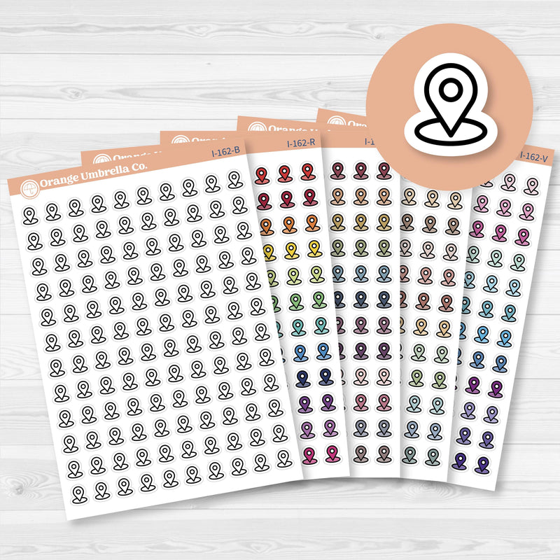 Location marker icon sticker sheet for planners, travel journals, and memory keeping — removable white matte.
