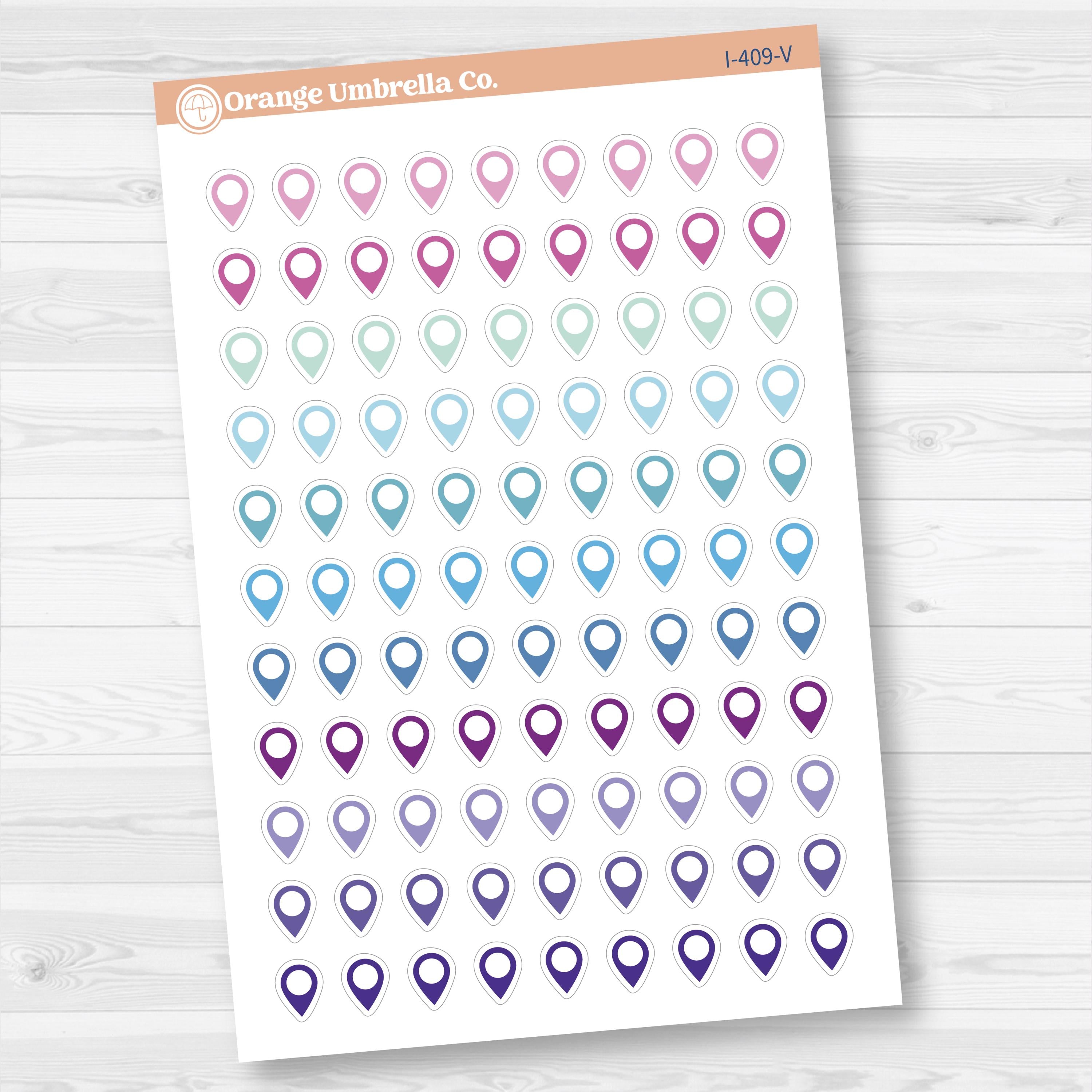 Location marker stickers sheet for planners, location pins, travel icons, functional icon stickers, removable white matte.