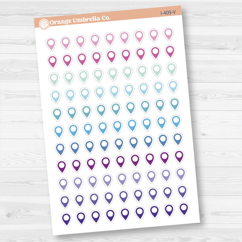 Location marker stickers sheet for planners, location pins, travel icons, functional icon stickers, removable white matte.