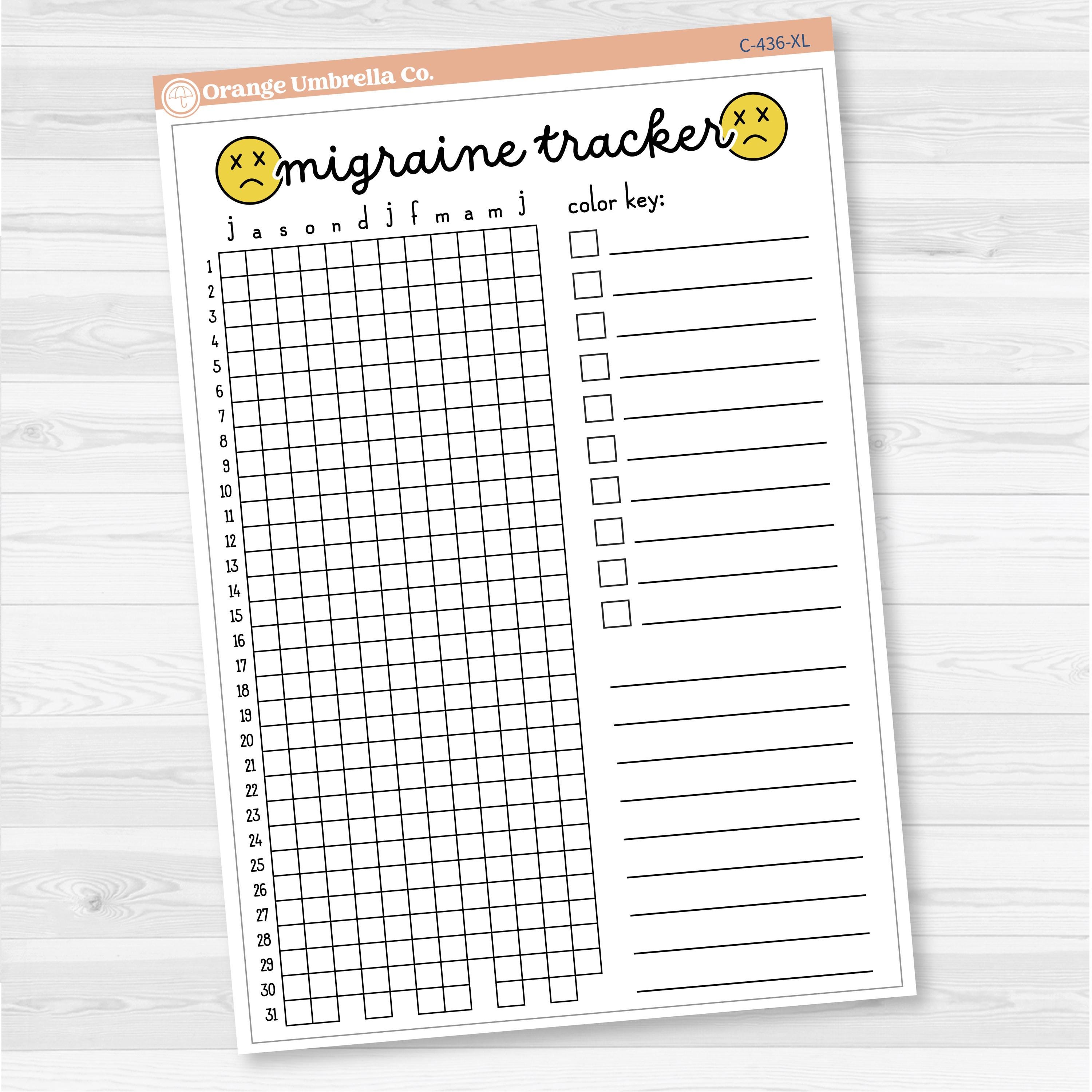 Migraine tracker full page dashboard sticker for planners, available in A5 and 7x9 sizes, removable white matte.