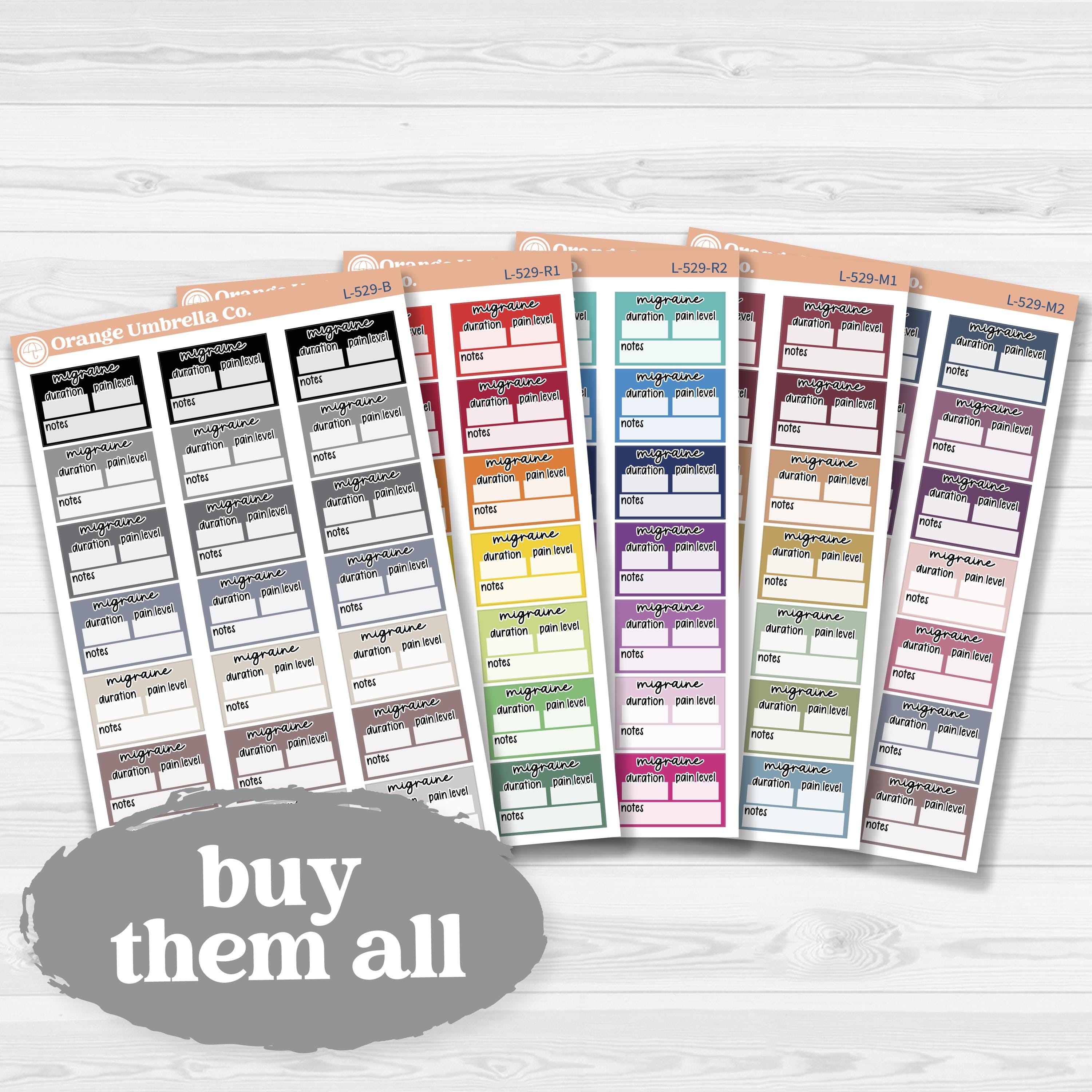 Migraine tracker half box stickers for planners, wellness and health tracking, removable white matte.